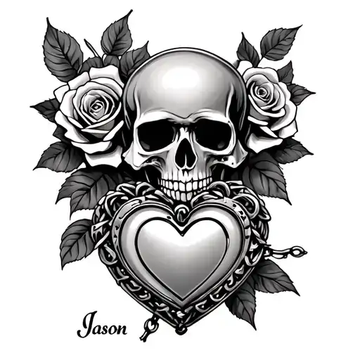 "Jason " skull, roses, heart shaped locket tattoo design idea