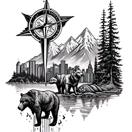 Design me a sleeve tattoo for my forearm involving bears, wolves, compass, mountains and Vancouver skyline, also include tattoo design idea