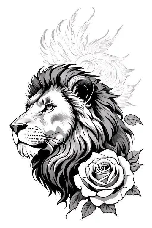 Lion from the front on the left pectoralis in fine lines with a rose of the winds always from the front shoulder tattoo design idea