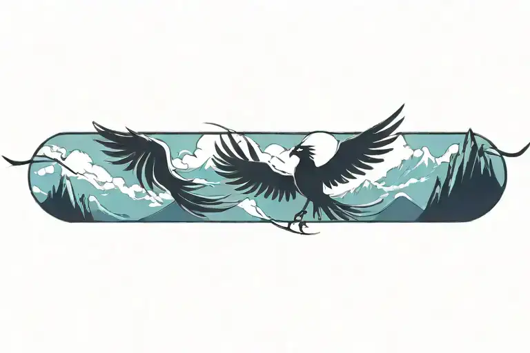 phoenix flying away from mountains tattoo design idea