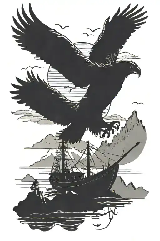 silhouette in a fishing boat in the mountains, eagle soaring in the far distant, playing cards tattoo design idea
