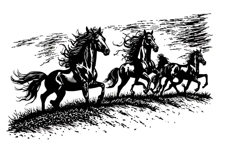 silhouette Horses running on a hill in the distance really far away tattoo design idea