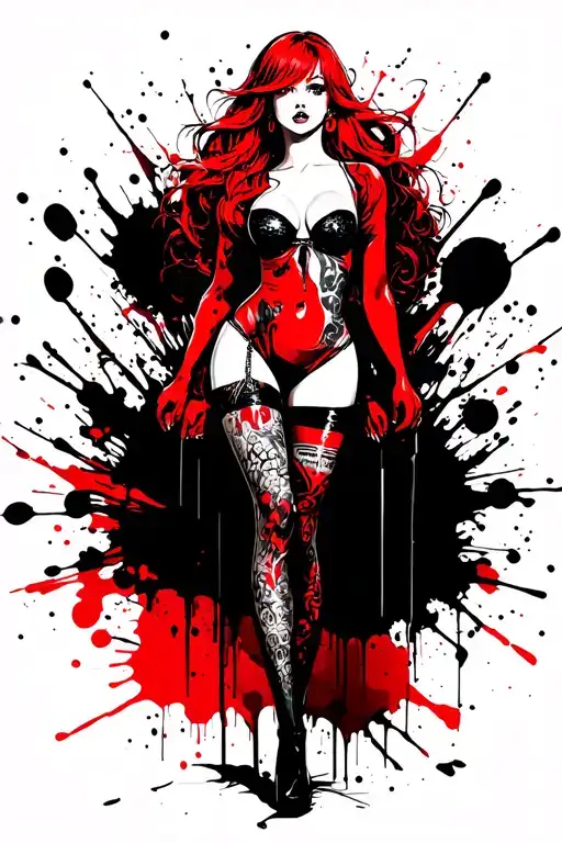 anime redhead pinup stockings standing tattoo design idea