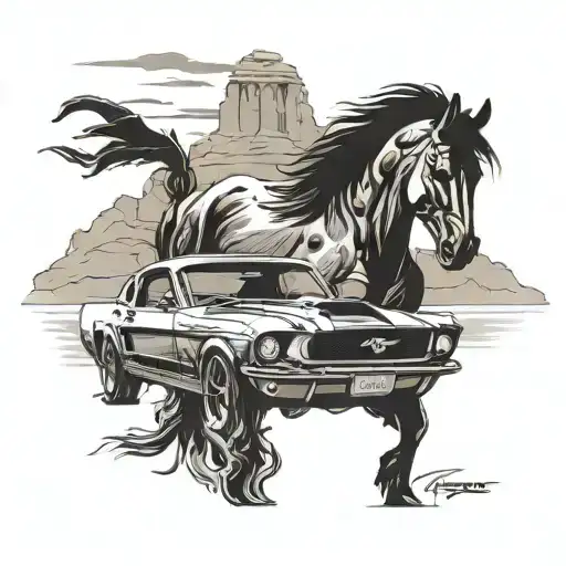 Incorporate a Ford Mustang into a landscape scene of the American Southwest tattoo design idea