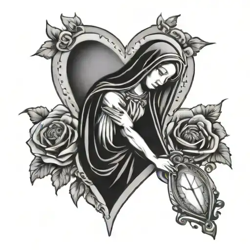 Virgin Mary holding a broken heart with a quote that says time heals all wounds  tattoo design idea