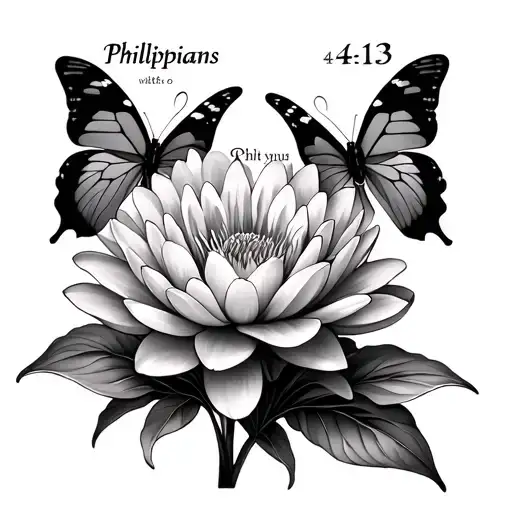 Carnation And Water Lily with butterflies and Philippians 4:13 Bible verse tattoo design idea