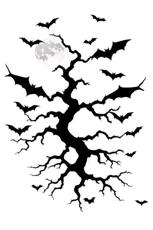 poison tree with bats flying across and a moon rising tattoo design idea