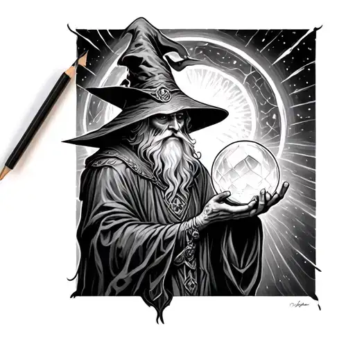 wizard holding crystal ball tattoo design idea