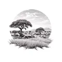 Background: The tattoo will feature the vast African savannah landscape, with acacia trees, grasslands, and a distant ho tattoo design idea