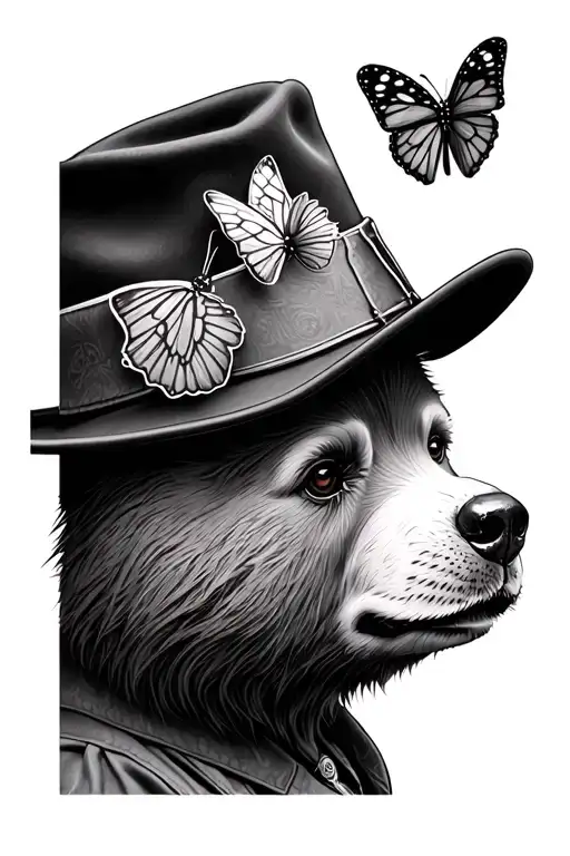 Paddington Bear  face with butterfly on hat tattoo design idea