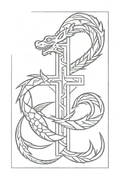 small cross with Aztec dragon wrapped tattoo design idea