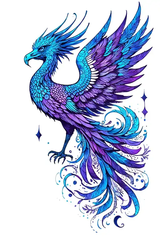 feminine blue and purple Phoenix rising  tattoo design idea