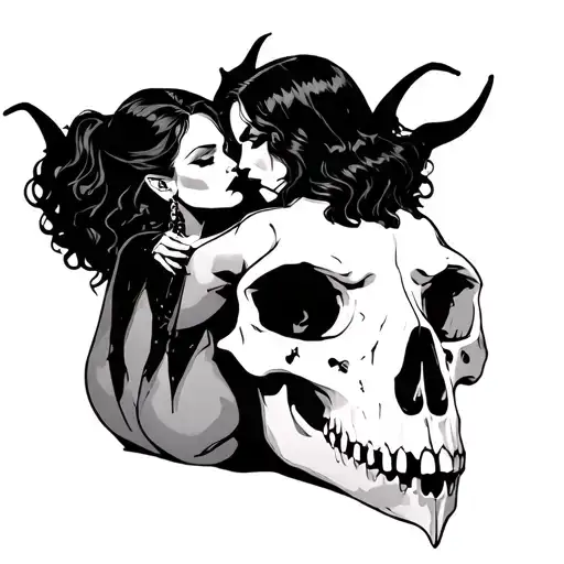 Sexy vampires, holding each other on top of an animal skull tattoo design idea