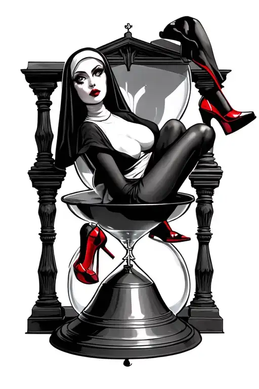 sexy evil nun straddled on hourglass with one foot in red heels resting on a church bell tattoo design idea