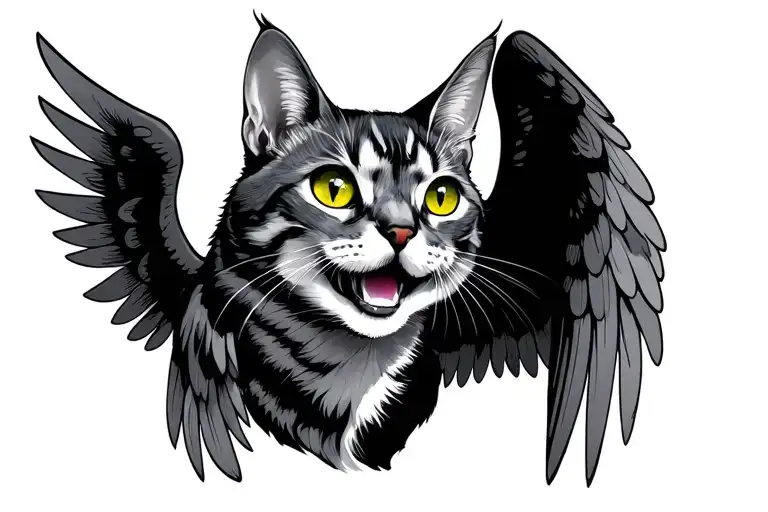 Atlas with wings and a Chester cat smile with clingy color in the cat eyes tattoo design idea