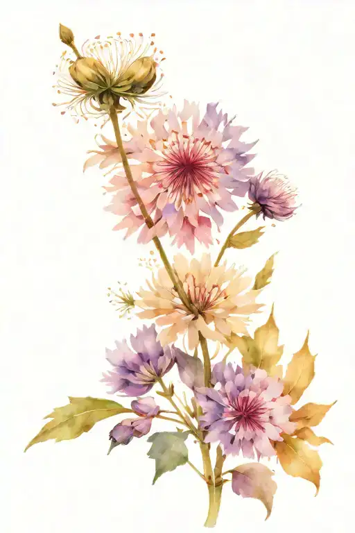 dandelion flower, aster flower, larkspur flower tattoo design idea