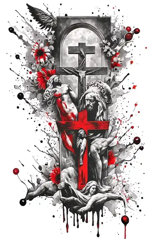 Calf sleeve tattoo featuring elements of christianity such as cross, Jesus Christ, empty tomb,Holy Spirit,Holy Father... tattoo design idea