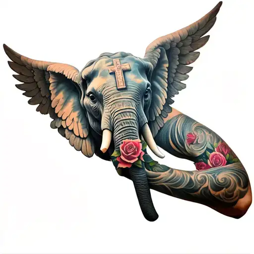 mens full sleeve of a sideways elephant head with angel wings a cross roses and waves  tattoo design idea