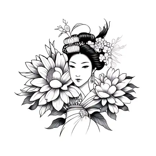 A black-grey tattoo of a geisha and japanese chrysanthemum  tattoo design idea