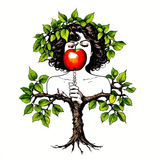 strong woman eating apple tree of life intertwined tattoo design idea