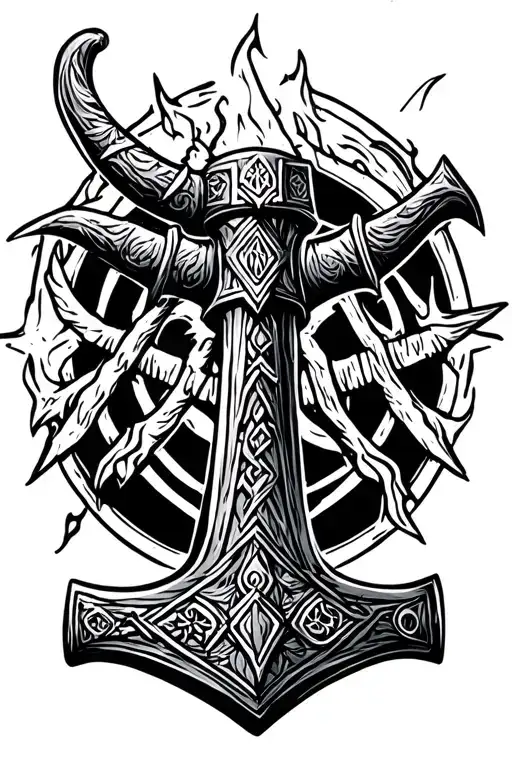 Viking hammer with witch tattoo design idea