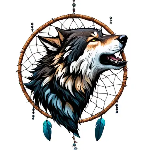 Howling wolf head and dreamcatcher tattoo design idea