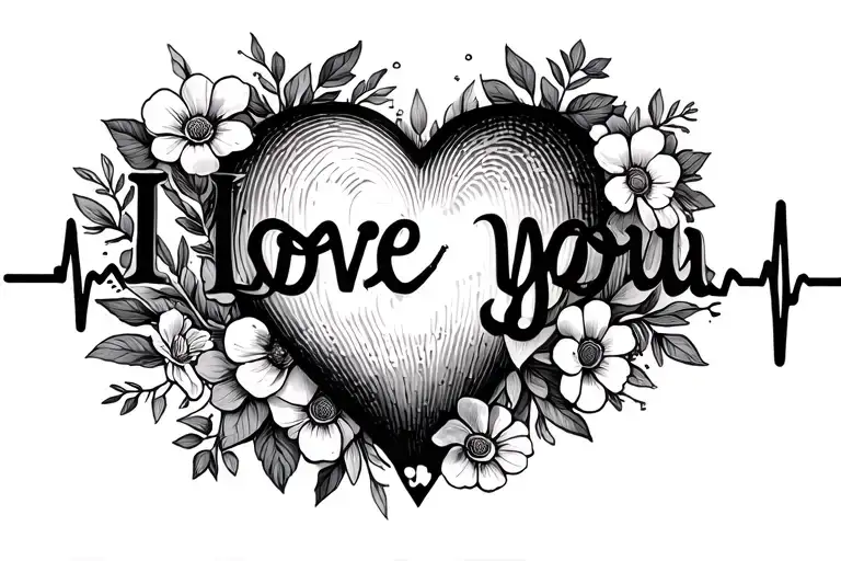 around the words I love you most put heart beat pulse and thumb print and flowers tattoo design idea