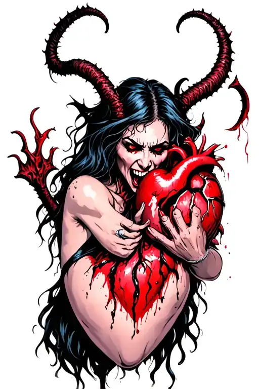 brutal devil woman attacking and eating a heart tattoo design idea