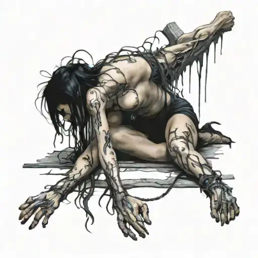crucified goth girl with no legs, intestines hanging out and ribs poking out tattoo design idea
