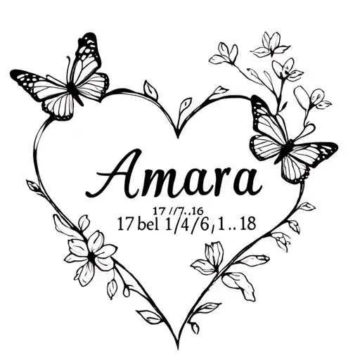 "Amara 17/7/16 Abel 14/12/18 " a heart with butterflies and flowers coming out of it  tattoo design idea