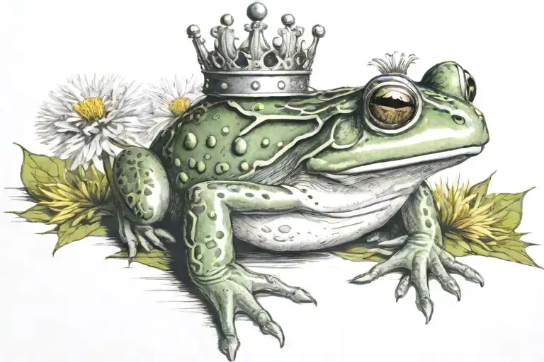 frog wearing crown and holding dandelion tattoo design idea
