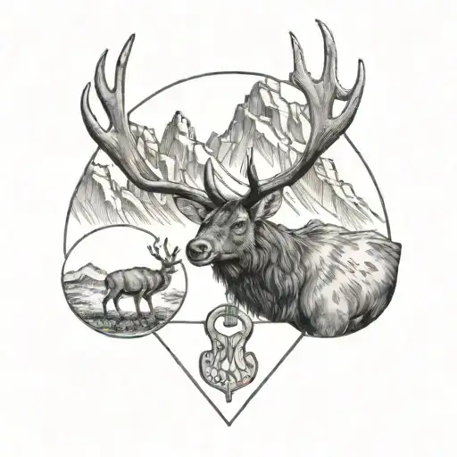 mountains with cards and a guitar and elk antlers tattoo design idea