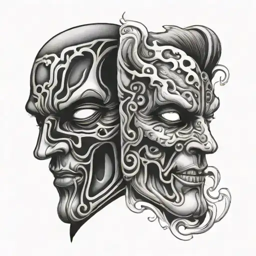two face morphing mask split in half tattoo design idea