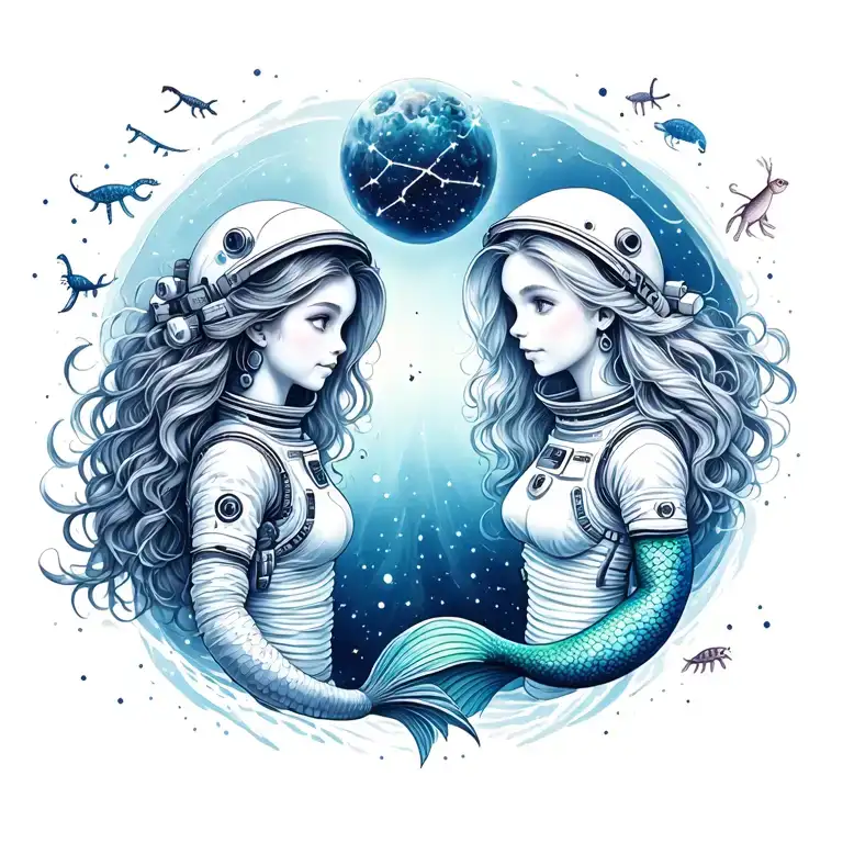 mermaid and astronaut girl side by side with constellations on the astronaut side and sea creatures on the mermaid side tattoo design idea