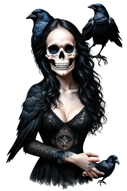 half skull half girl face holding 2 crows tattoo design idea