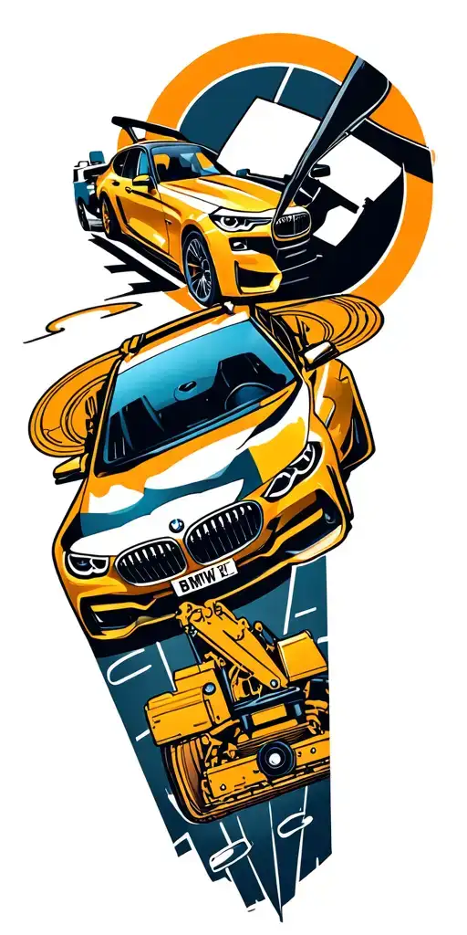 A neotraditional design of a music-themed sleeve tattoo incorporating elements of construction machinery and the client's favorite car, the BMW F30 2012 tattoo design idea