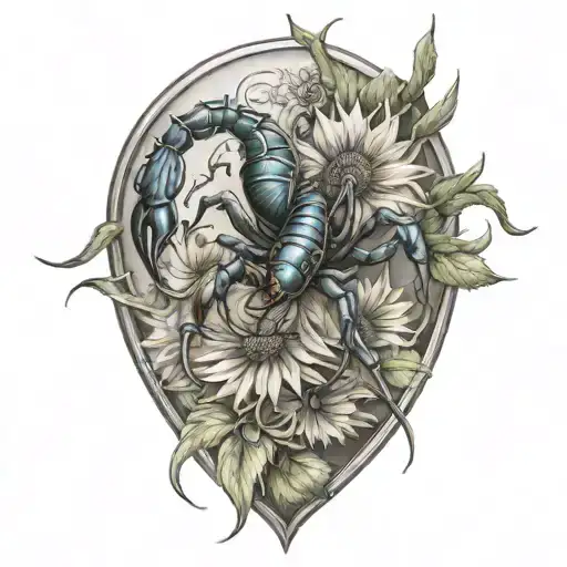 Scorpion with sunflower blooming tattoo design idea