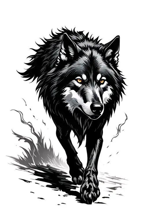 fenrir Black wolf walking towards tattoo design idea