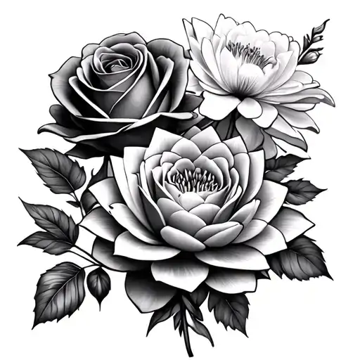 rose, carnation, cosmo and water lily flower tattoo design idea