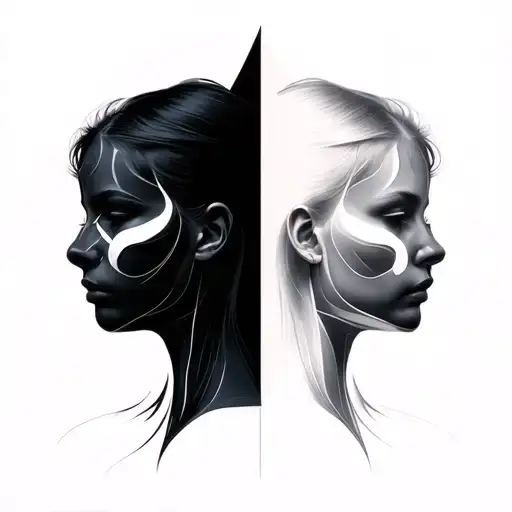 Two half-abstract, half-realistic human silhouettes.• One looks forward, straight, slightly blurred, almost like a shad tattoo design idea