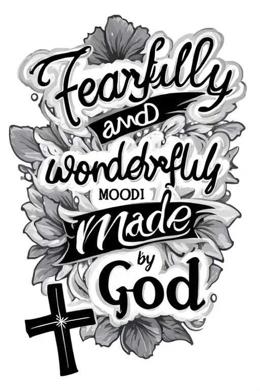 "fearfully and wonderfully made by god" written with 3 crosses below tattoo design idea