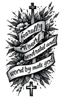 "fearfully and wonderfully made by god" written with 3 crosses below tattoo design idea