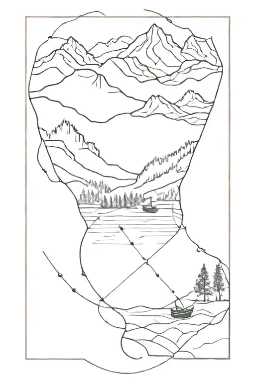 frame with landscape of mountains and lake with a fishing line  tattoo design idea
