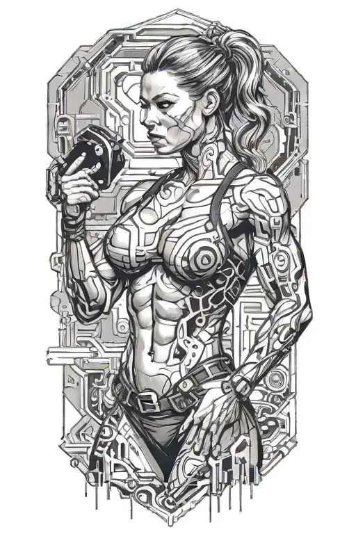 fitness bodybuilder women posing with technology circuits merging tattoo design idea