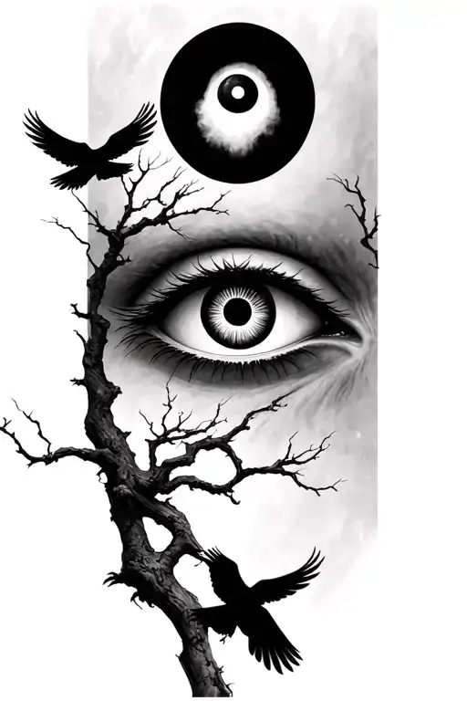 Tsukuyomi sharingan eye with tree and crows flying tattoo design idea