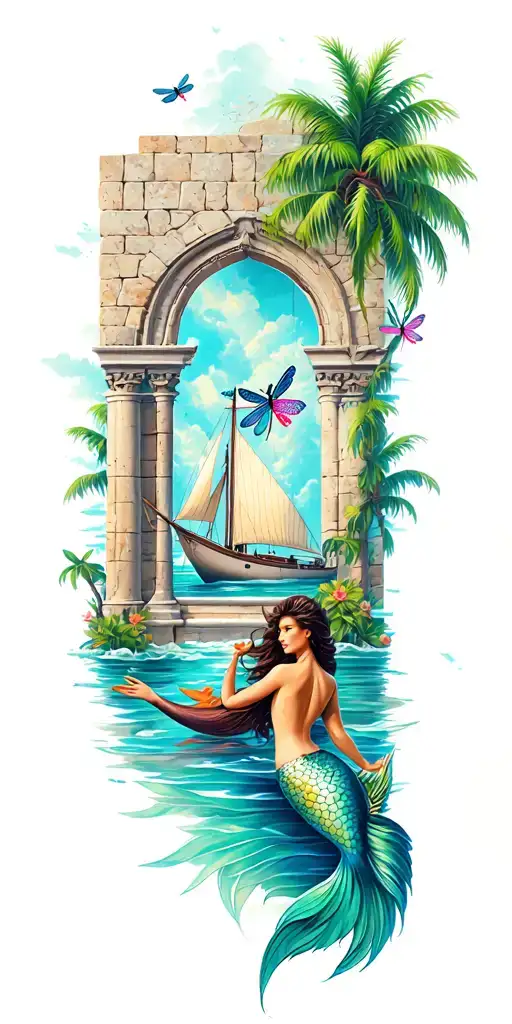 ancient stone wall with arch windows and palm trees with a sailboat and dragonflies and a mermaid  tattoo design idea