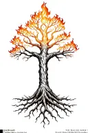 yggdrasil tree with big beautiful branches and interwoven roots on fire tattoo design idea