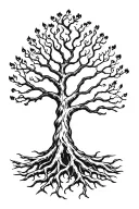 yggdrasil tree with big beautiful branches and interwoven roots on fire tattoo design idea