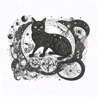 A new-school interpretation of a witch's familiar, such as a black cat or owl, adorned with zodiac constellations and alchemical symbols tattoo design idea
