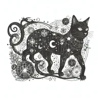 A new-school interpretation of a witch's familiar, such as a black cat or owl, adorned with zodiac constellations and alchemical symbols tattoo design idea